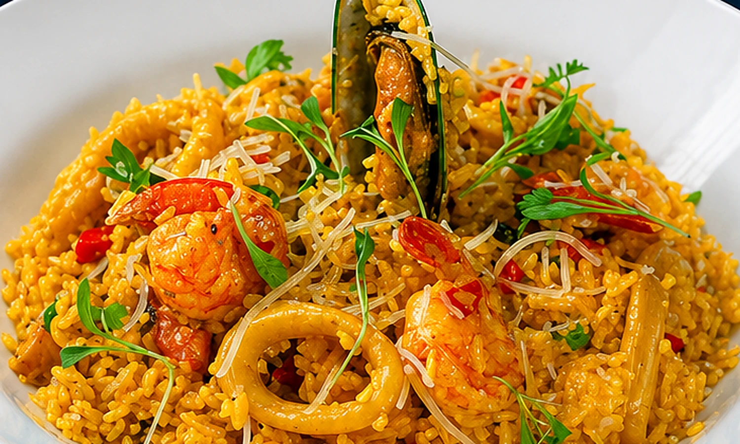 Plato de arroz con mariscos, camarones, calamar y mejillón