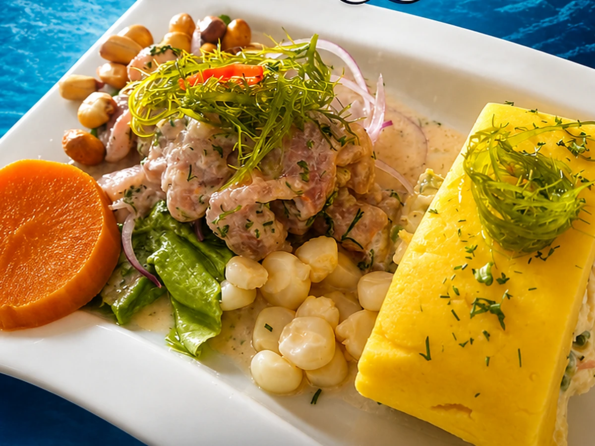 Causa acevichada con ceviche, choclo y camote