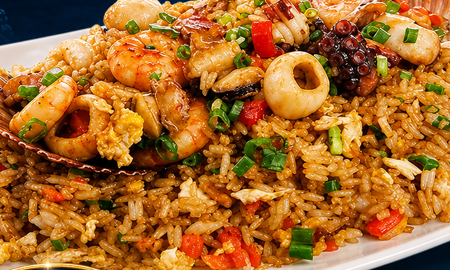 Plato de chaufa de mariscos con camarones, calamar y pulpo