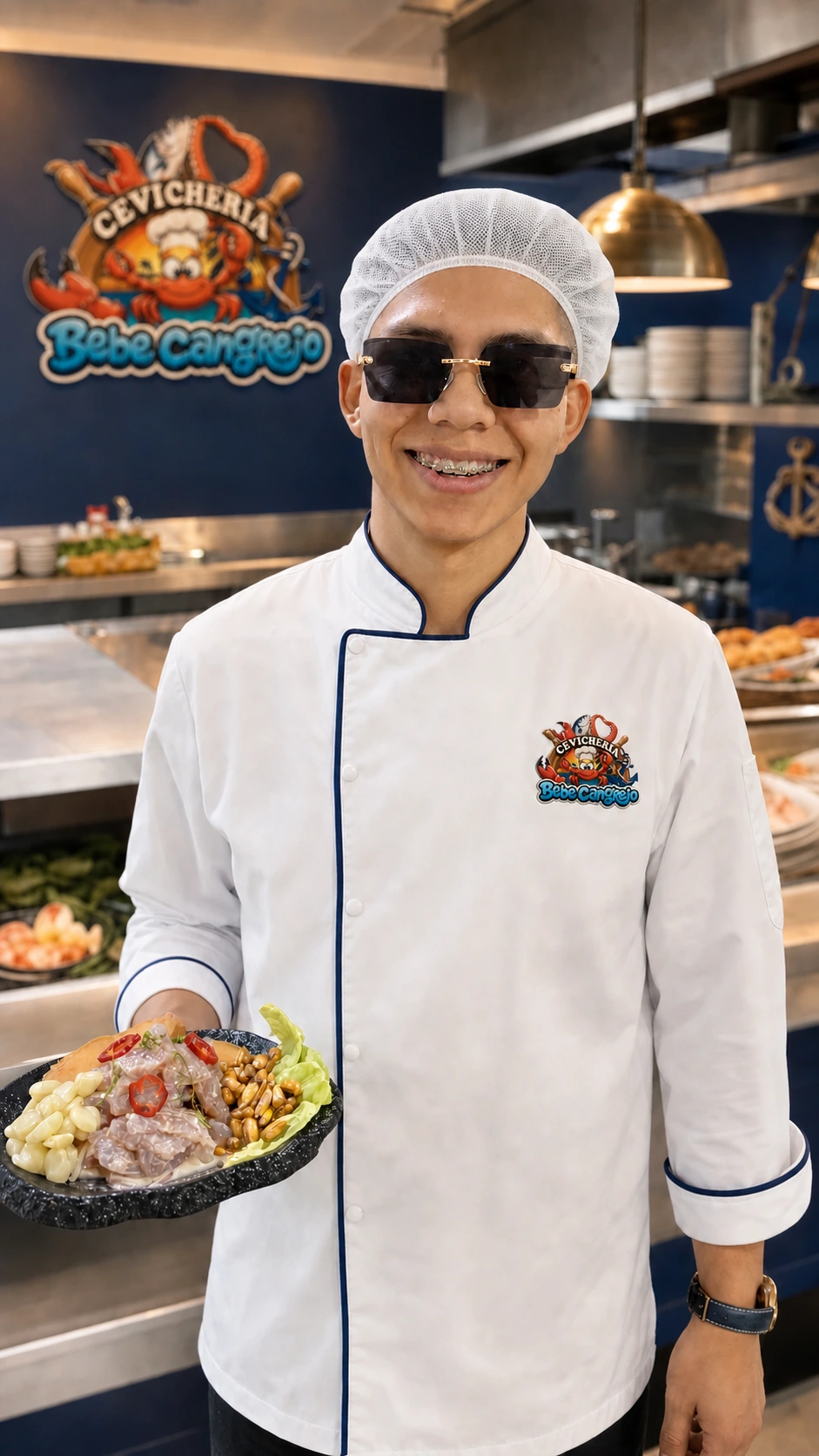 Chef Jheyson P. L. con uniforme de Bebé Cangrejo sosteniendo un plato de ceviche
