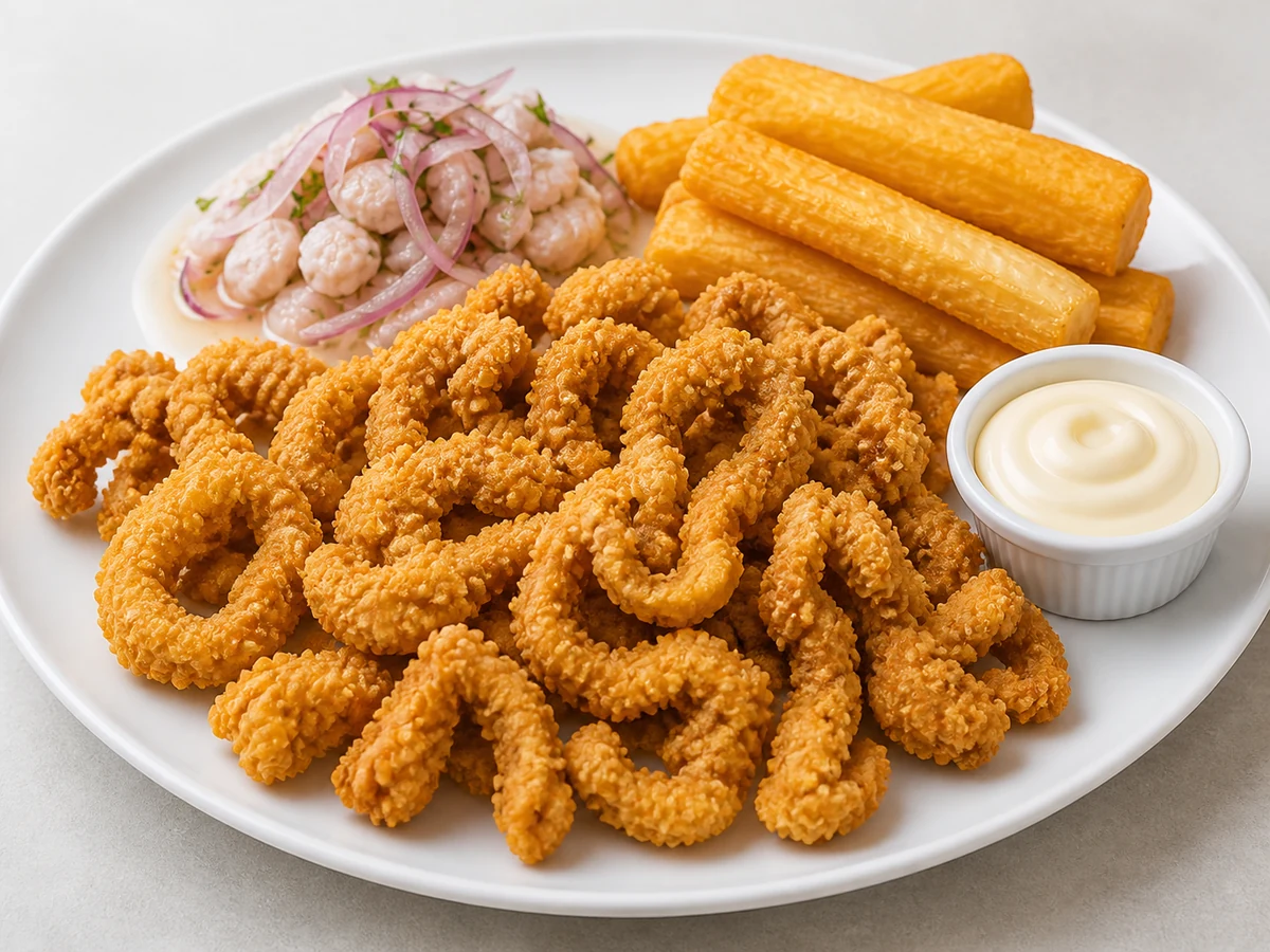 Chicharrón de pota con yuca frita, ceviche y mayonesa