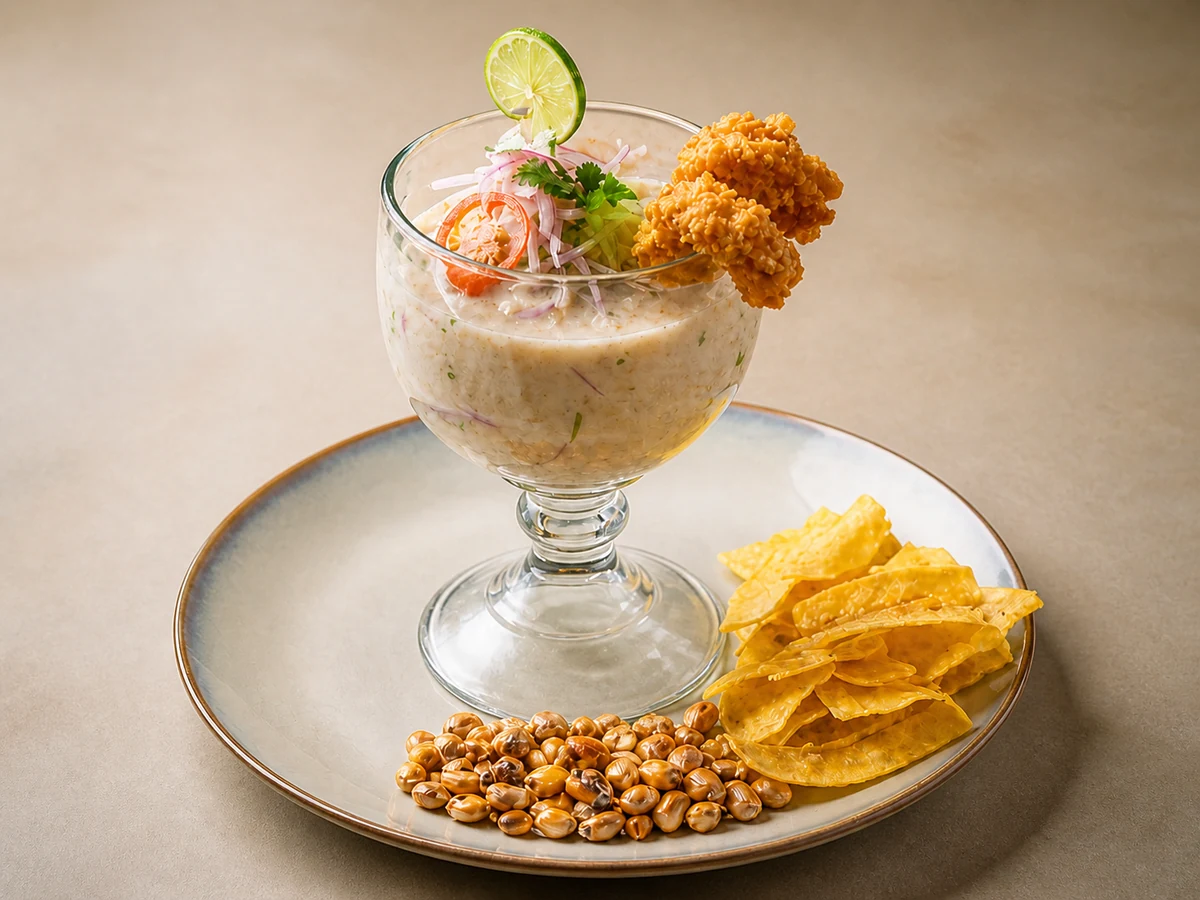 Leche de tigre con limón, cebolla, cancha y chifles