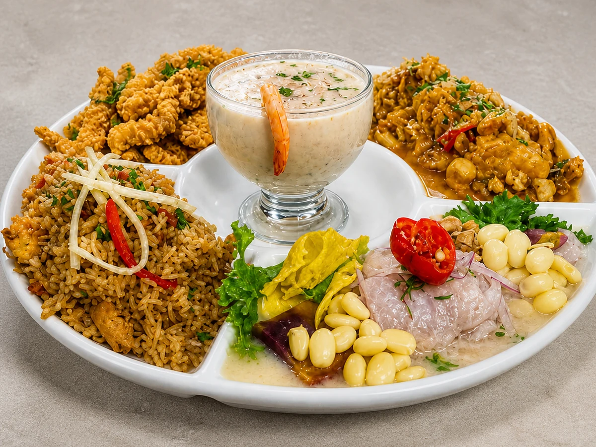 Ronda Marina opción 2 con leche de tigre, ceviche, arroz, chaufa y chicharrón de pota